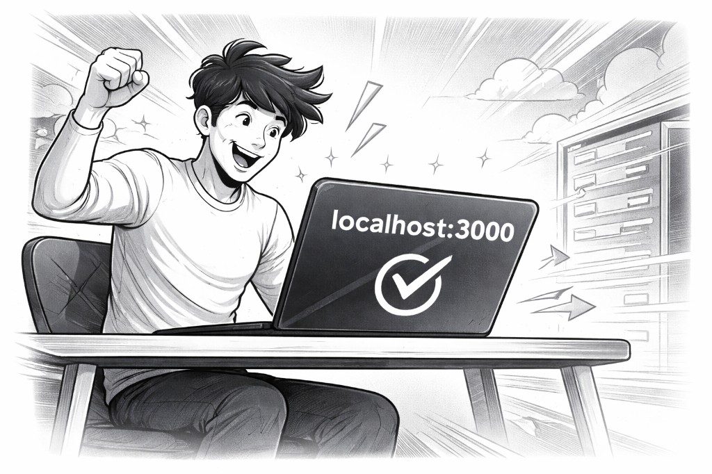 Developer at laptop, localhost:3000 running
